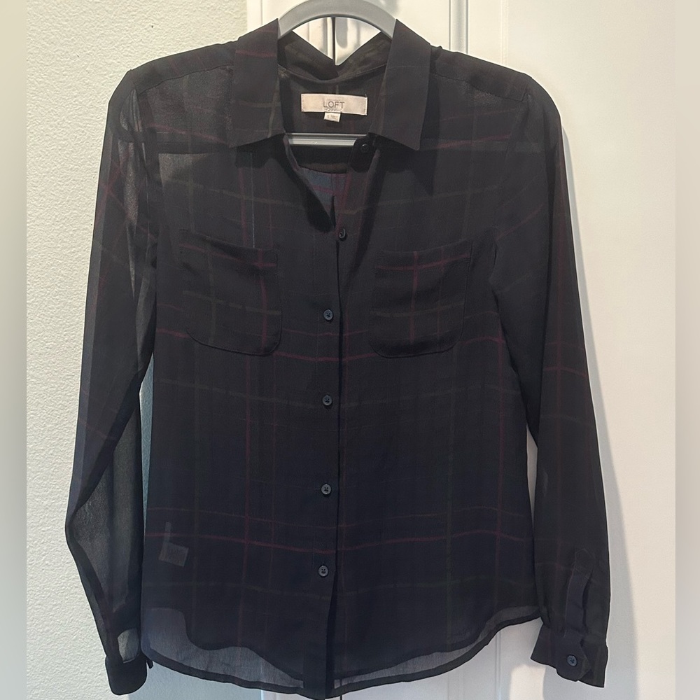 LOFT Plaid Sheer Button Down Long Sleeve Top, Navy + Maroon, Pink & Green Stripe